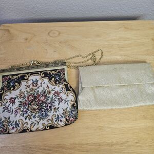 Vintage Evening Clutch Purse Lot of 2 Gold Floral Tapestry Chain Strap Bag Retro